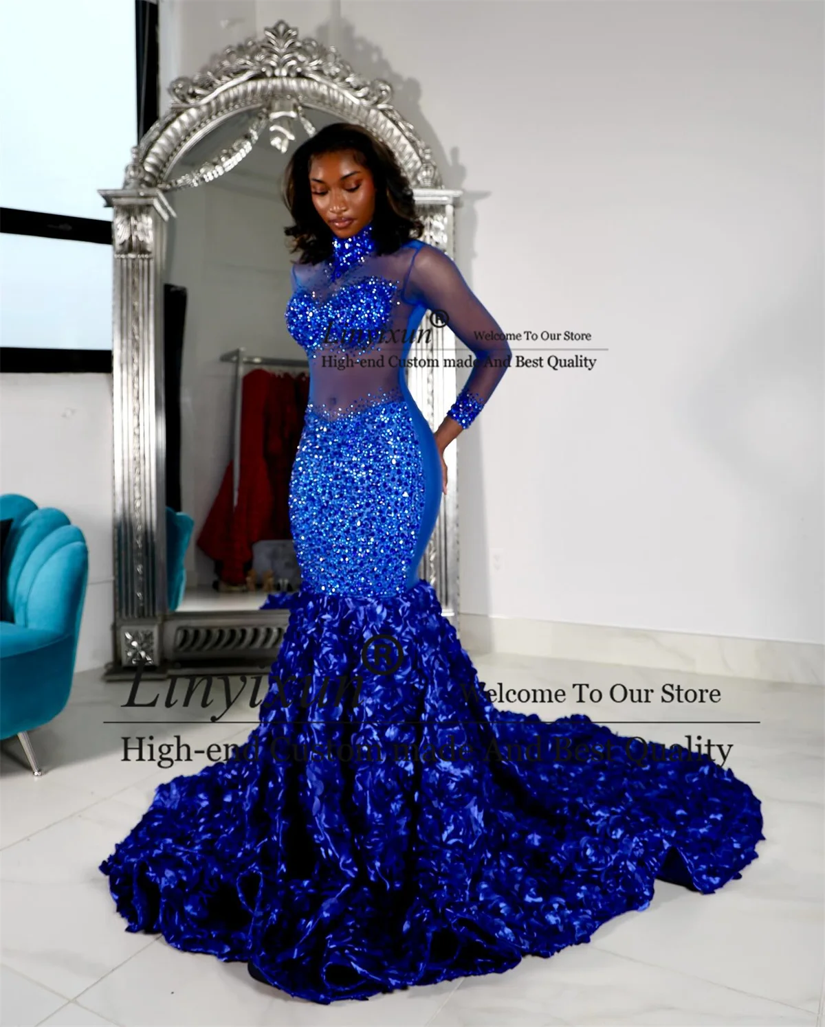 Aso Ebi Pailletten Kralen Zeemeermin Prom Dresses Glitter Kristallen 3D Floars Avondjurken Ruches Zwarte Meisjes Aangepaste Feestjurk