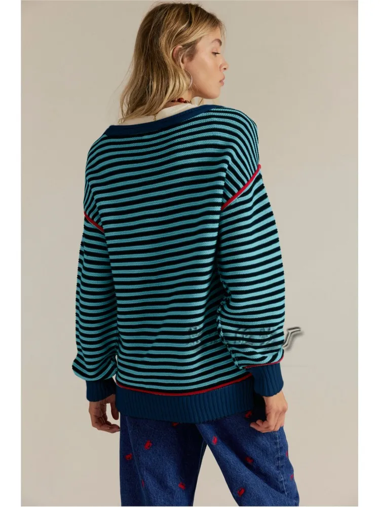 カラーブロッキングストライプニットセーター女性のためのファッション O ネック長袖ルーズプルオーバー秋冬女性カジュアル暖かいセーター