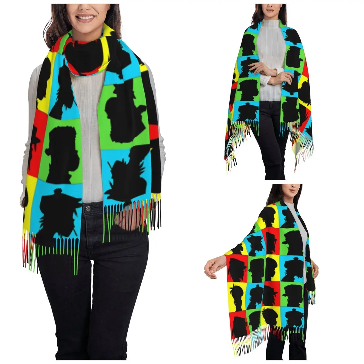 Angel Gorillaz Scarf for Womens Fall Winter Pashmina Shawl Wrap Rock Long Scarves with Tassel Ladies