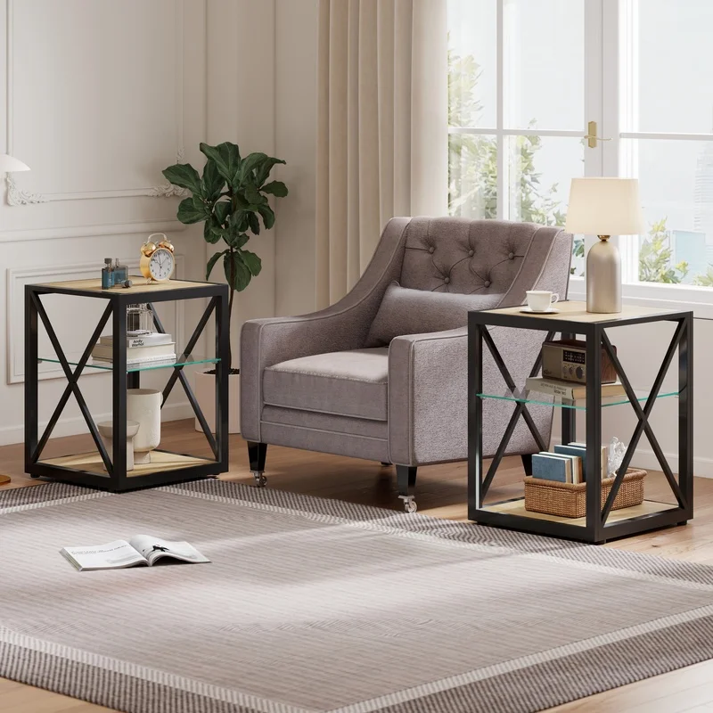 

Modern Industrial End Table Set of 2 with Tempered Glass and Natural Wood MDF Top for Bedroom or Living Room