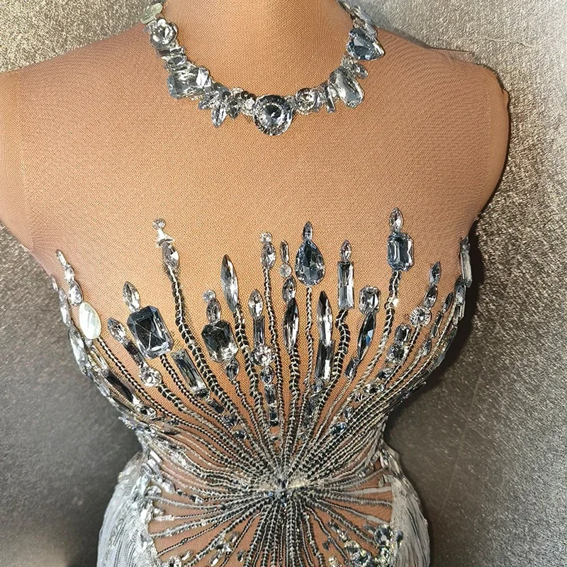 Strass argento Frange Body Maglia sexy Paillettes Vestito Donna Nightclub Party Gogo Ballerino Indossare Drag Queen Costume XS5988