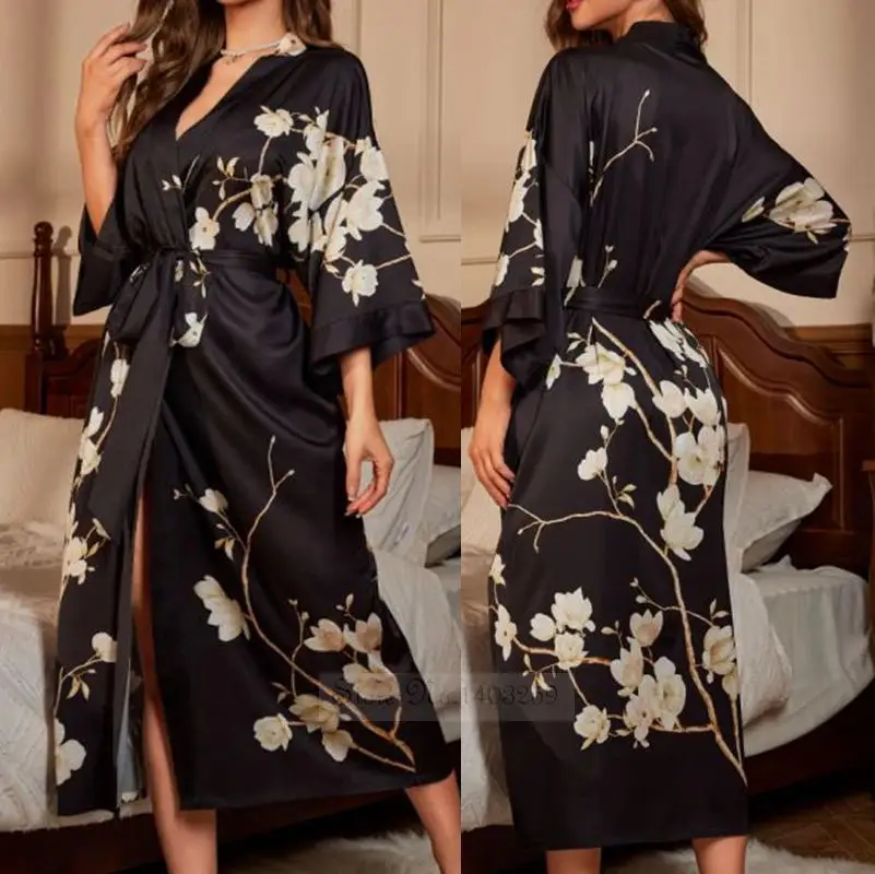 Print Flower Kimono Bathrobe Gown Sleepwear Spring Summer Women Long Robe Nightgown Loose Casual Silk Satin Home Dressing Gown