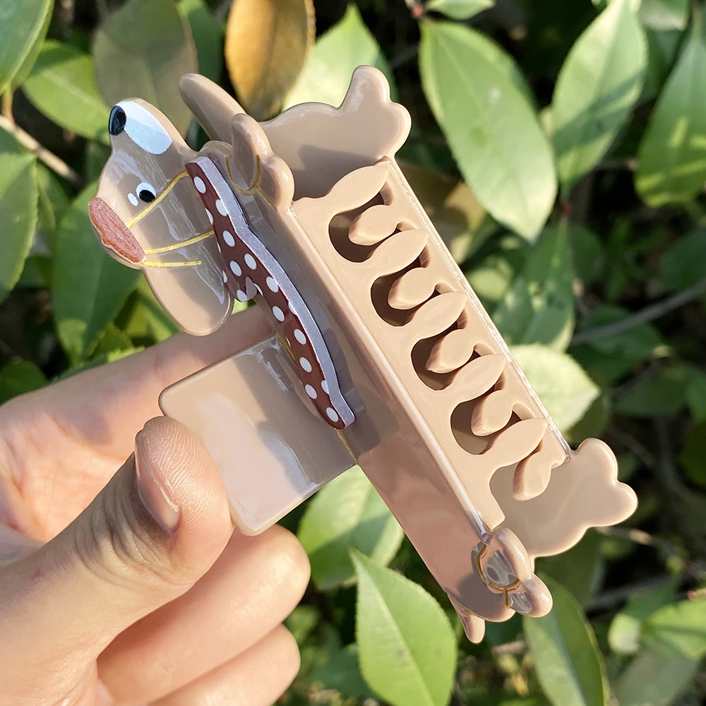 AENSOA Scarf Birthday Hat Decoration Cartoon Dachshund Claw Clip For Women Brown Color Series Acrylic Original Design Hairpin