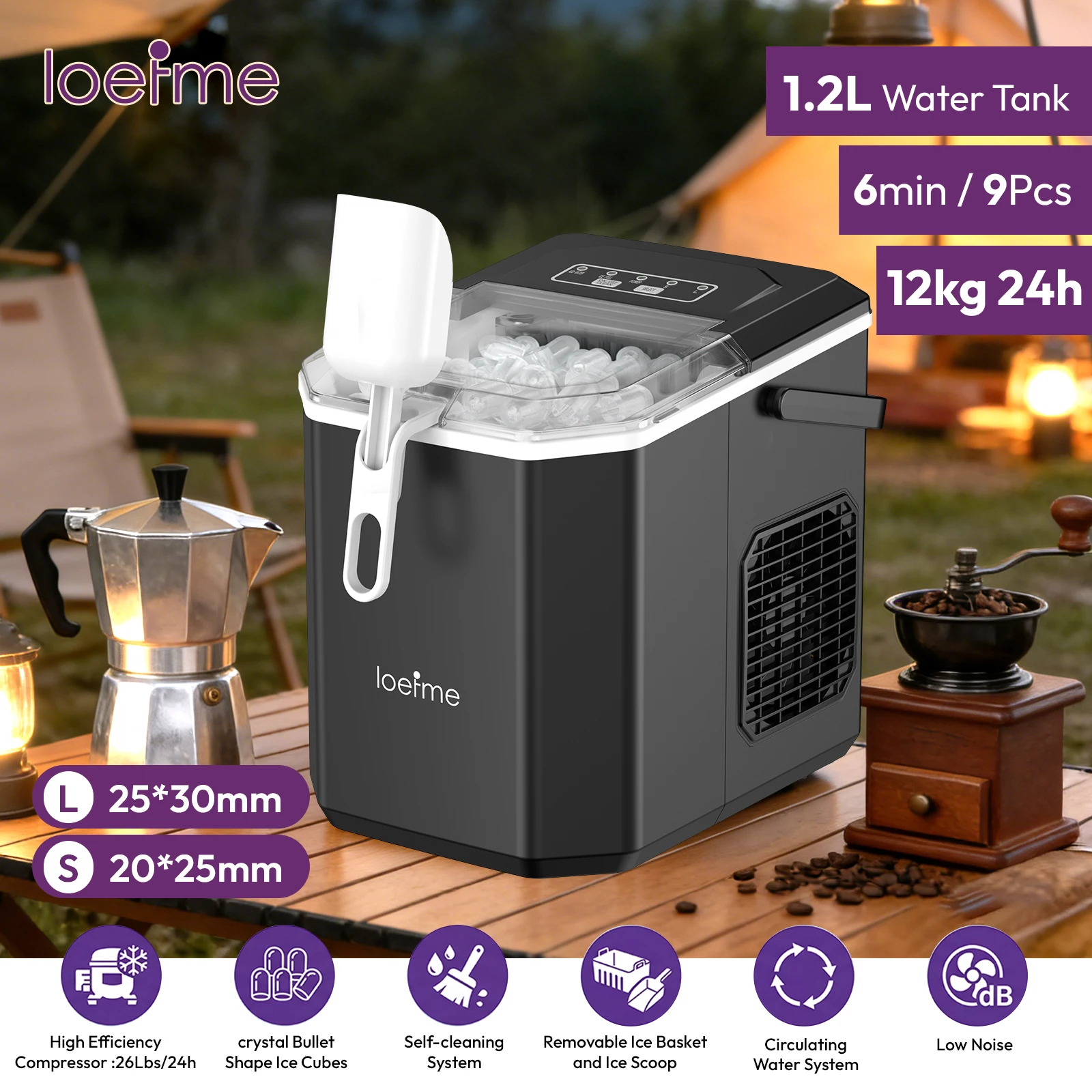 Machine à glaçons portable LOEFME 12KG/24H pour camping, machine à glaçons de comptoir extérieure 220V, machine à glaçons en forme de balle pour camping-car, caravane, pique-nique, barbecue, boissons d'été