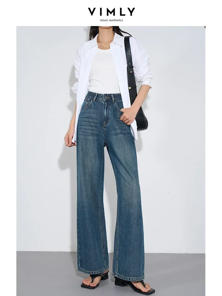 VIMLY Women's Simple Jeans Autumn New Commuter Wide Leg Casual Straight Full Length Denim Pants Casual Loose Trousers 73306