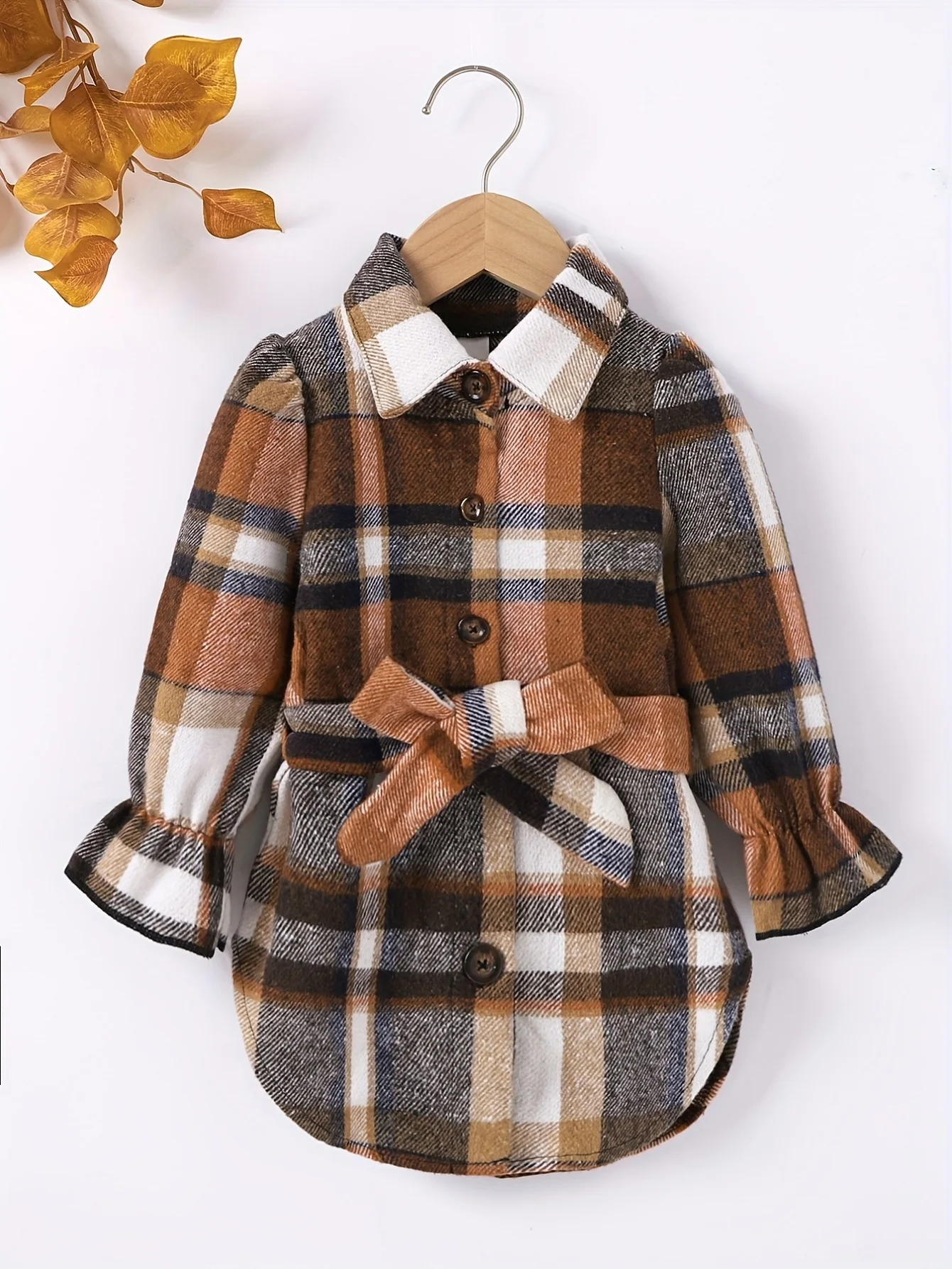 1-8 Year Old Spring and Autumn Girls' Baby Collar Button Long Sleeve Lace Sleeve Casual Temperament Checkered Coat