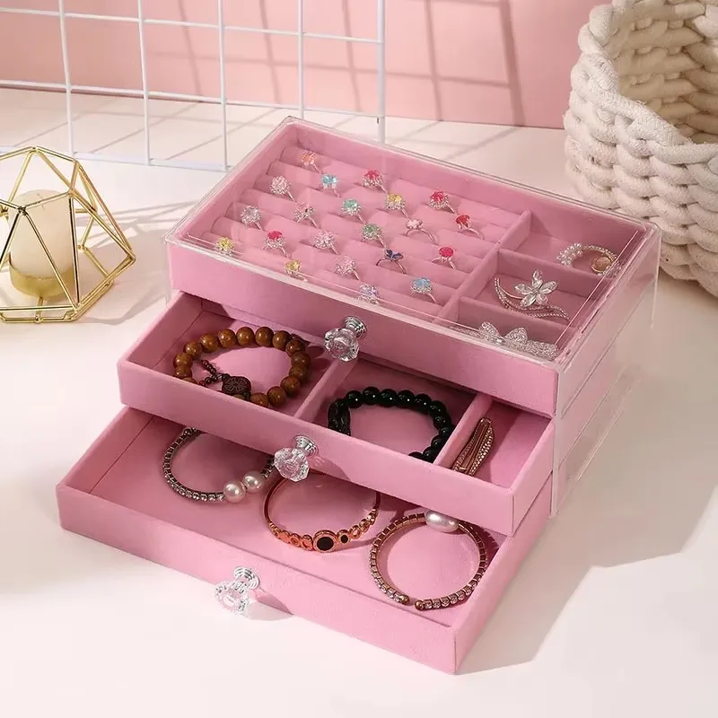 

NEW Three-layer Flannel Jewelry Box Stackable Display Earring Necklace Bracelets Holder Dustproof Flip Lid Jewelry Storage Box