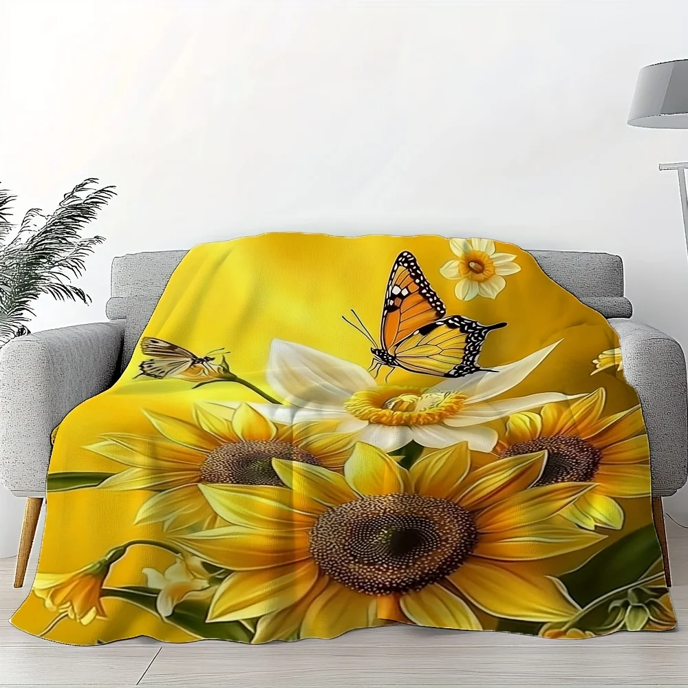 Flannel Throw Blanket Featuring a Sunflower And Butterfly Design - Cozy Twin-Sized Blanket Suitable for Bed, Couch, Chair