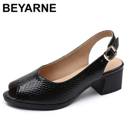 Open Toe Summer Shoes Woman Genuine Patent Leather Sandals Med Heels Dress Sandals Ladies Plus Size Women Shoes