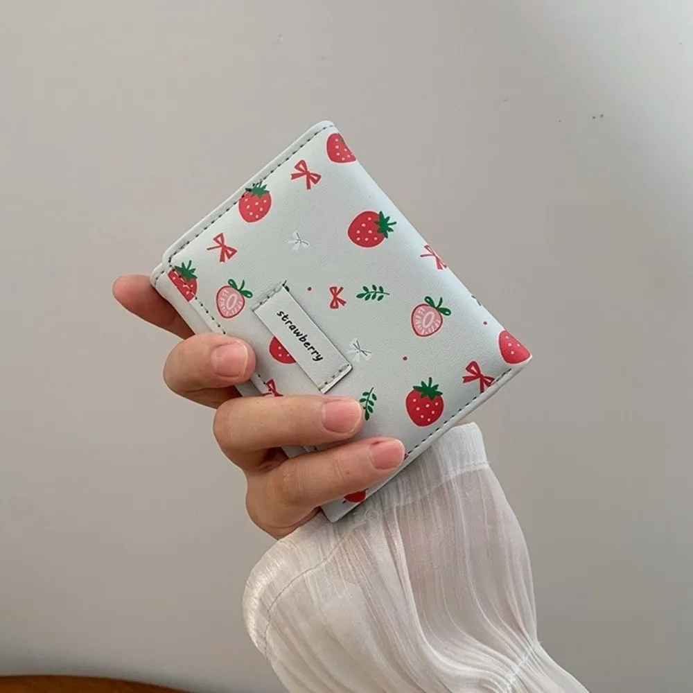 Fashion Strawberry Tri-fold Wallet Printing Korean Style PU Leather Wallet Bow Multi-Slot Card Holder Daily