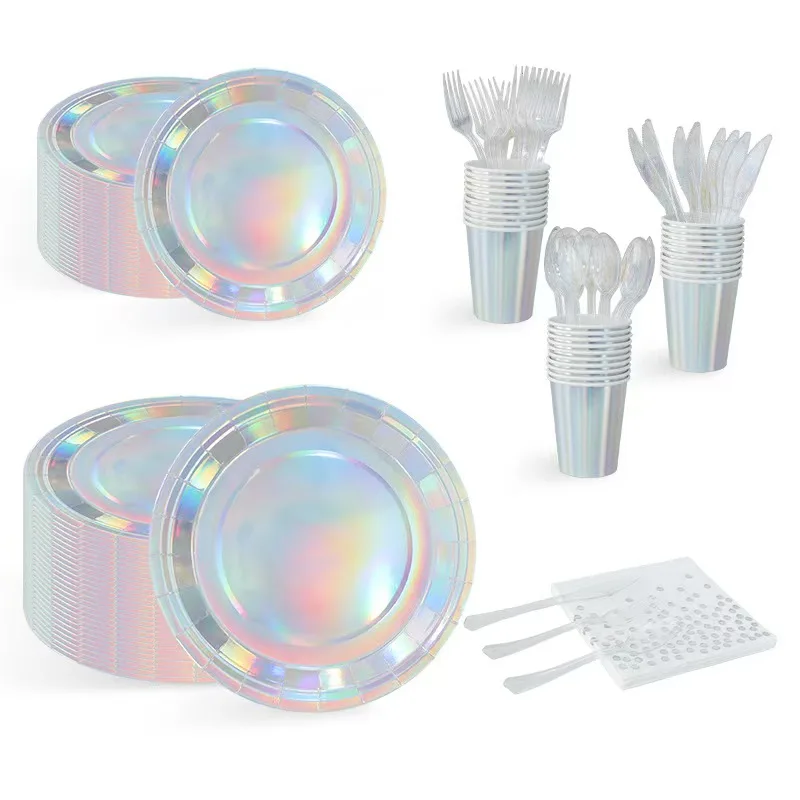 

Laser Disposable Tableware Iridescent Party Plates Cups Napkin Tablecloth Wedding Decoration Birthday Party Supplies Baby Shower