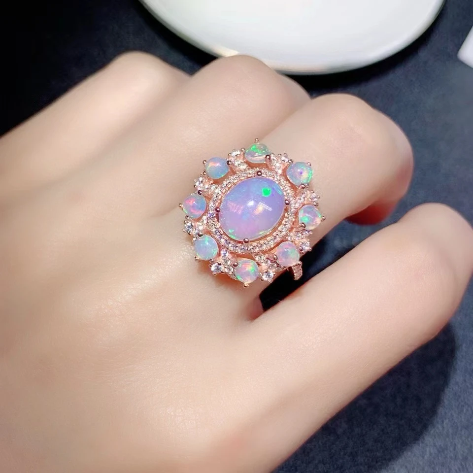 

Luxury Opal Ring for Party 3mm and 8mm*10mm Total 2.5ct Natural Opal 925 Silver Ring with 3 Layers Gold Plated Keep Shining