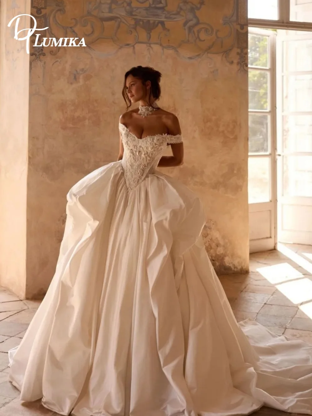 Stunning Off Shoulder Ballgown Wedding Dress 2027 Graceful Lace Bodice Dramatic Satin Volume Skirt Plus Size Custom Bridal Gown