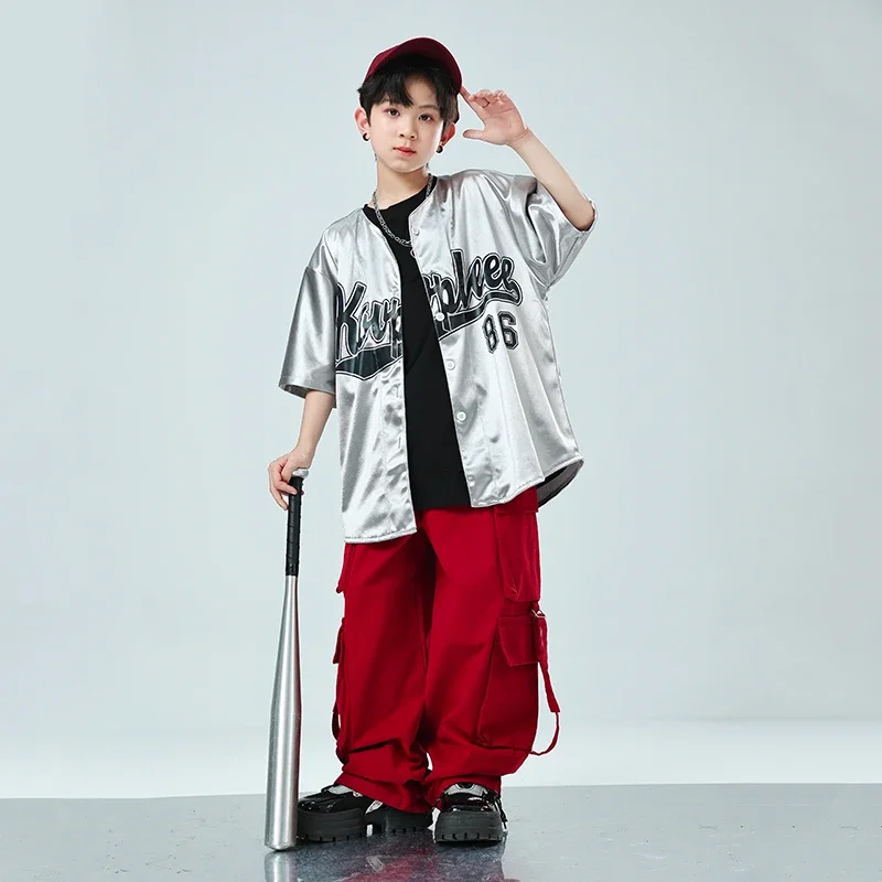 Joggers de Hip Hop para niños, trajes de baile callejero de salón, ropa de calle para niños, ropa Punk de Jazz para niñas, camisa plateada de manga corta