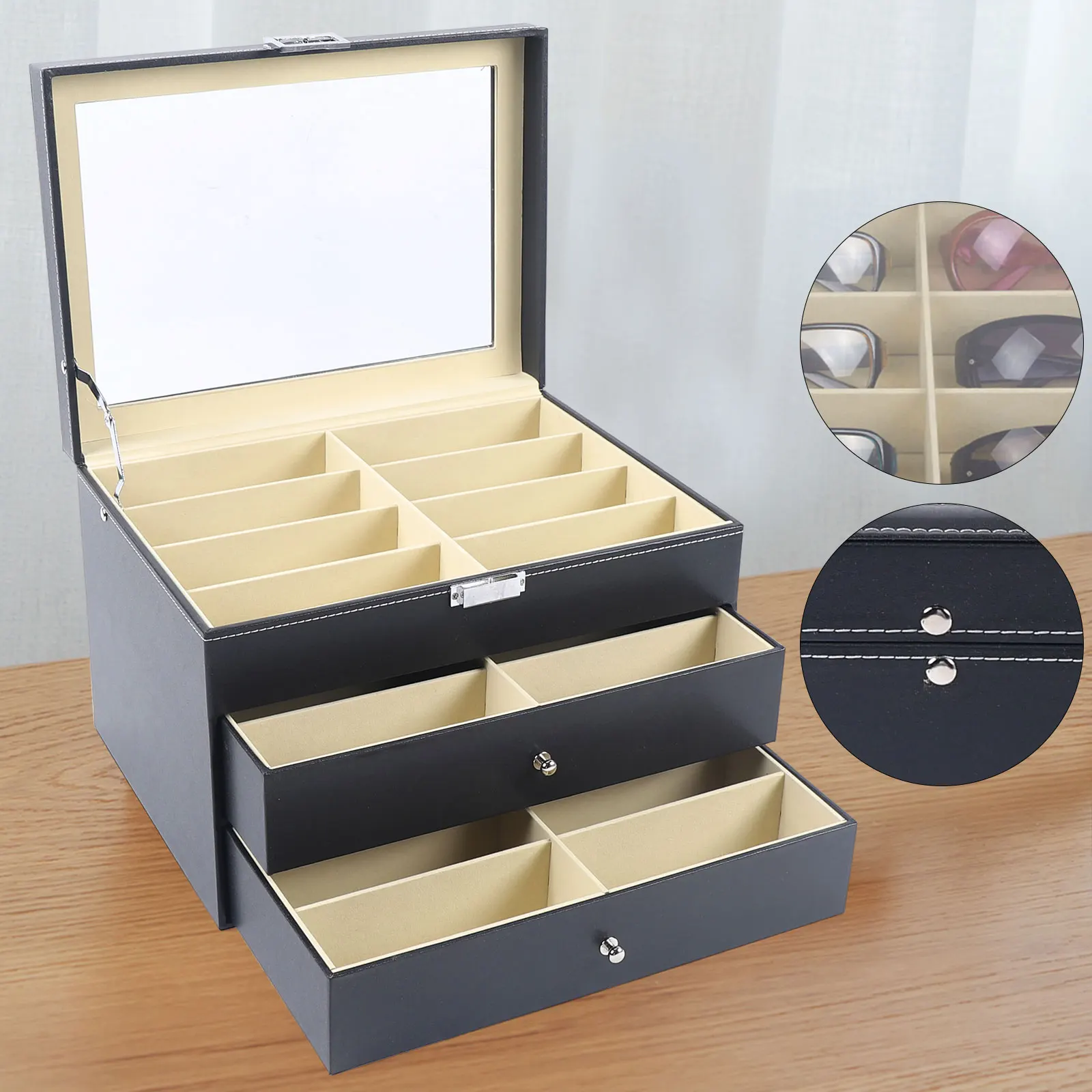 Three Level Glasses Display Case 24 Piece Large Eyeglass Sunglasses Drawer Storage Box with Key
