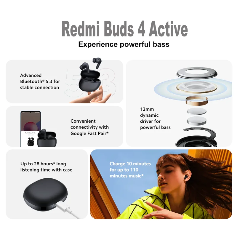 Xiaomi Redmi Buds 4 headphone nirkabel, versi Global aktif Bluetooth 5.3 latensi rendah Panggilan Earphone peredam kebisingan