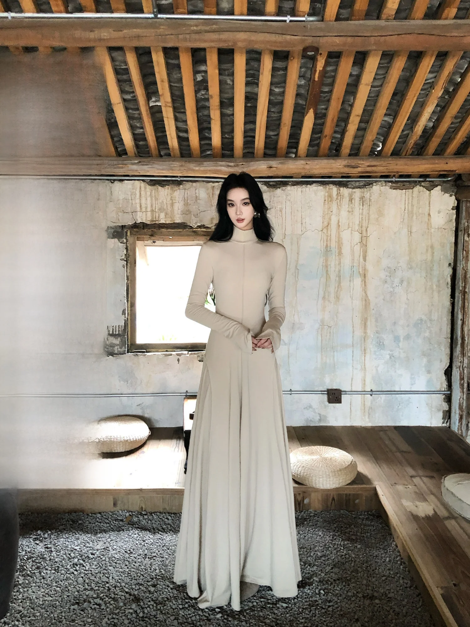 

Spring Faion Long Sve Maxi Dr Women's Base Layer Inner Wear Casual Sle l Waist A-Line Skirt Stand Fit