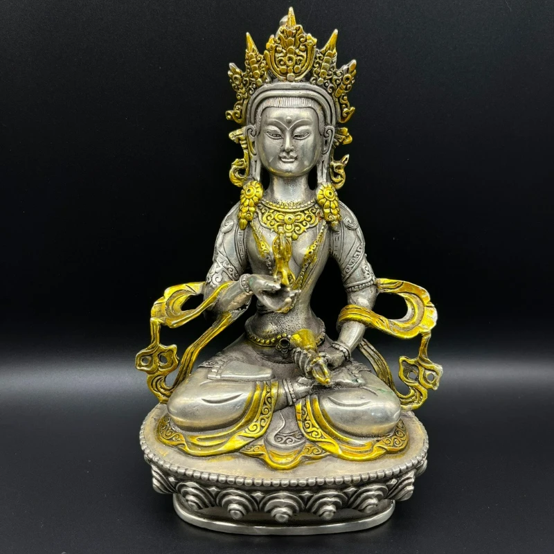 White Copper Silver-plated Tibetan Vajrayana Green Tara Desktop Decoration for Home Living Room Feng Shui Offering Ornament