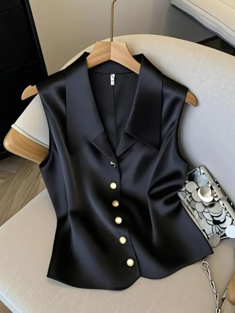 Temperament V-neck Sleeveless Satin Vest Black Waistcoat Women Chalecos Para Mujer Crop Top Summer New High Tanks