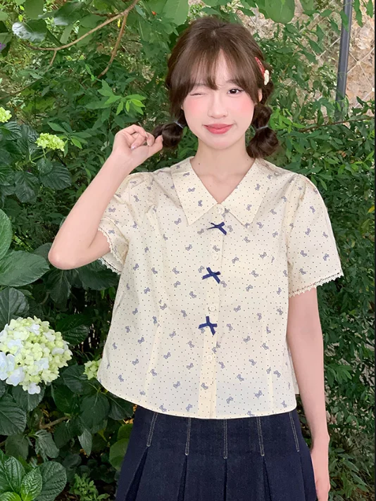

College Style Collar Print Single-breasted Multi-button Bow-decorated Short-sleeved Shirt