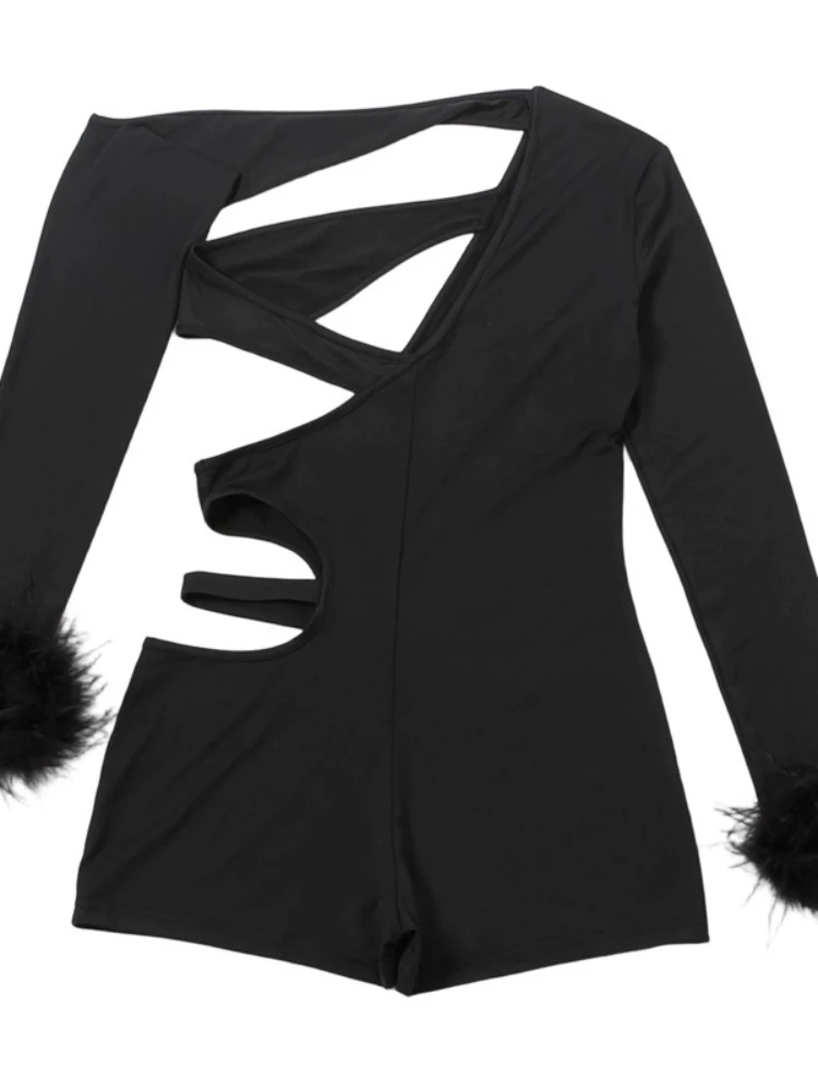 SsTss الصلبة ريشة تقليم كم طويل بذلة للنساء مثير غير المتكافئة قطع سليم تمتد Bodycon رومبير للحزب ليلة