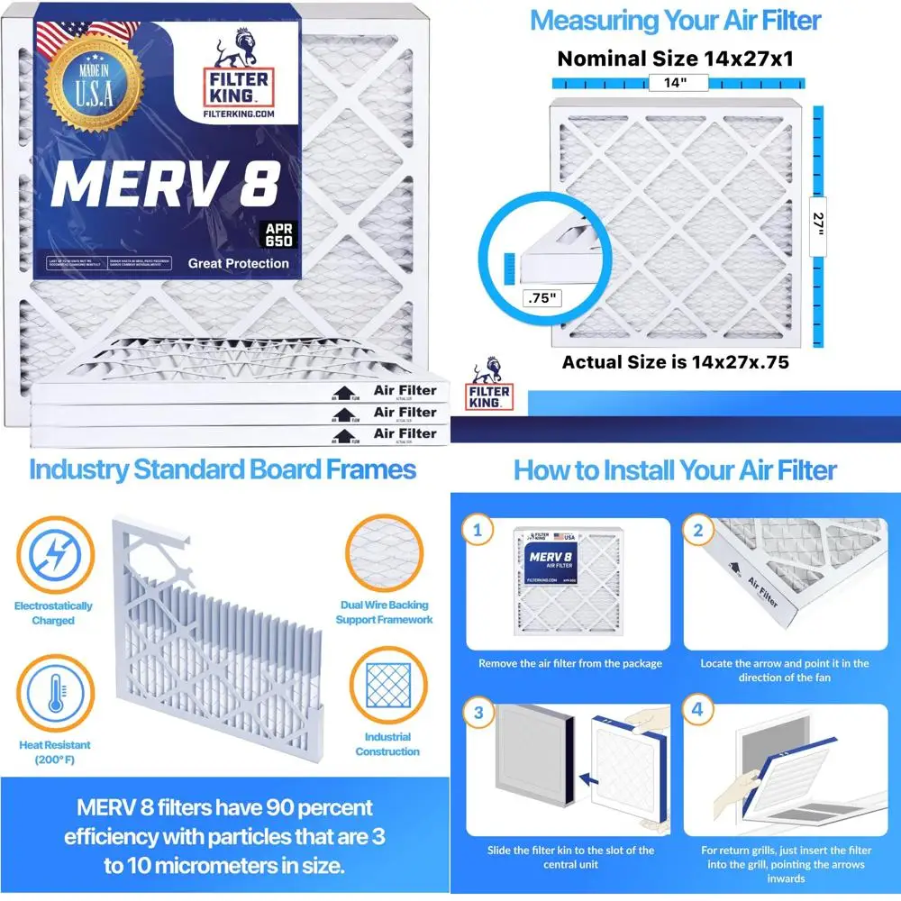 

HVAC Pleated Air Filters 14x27x1 MERV 8 A/C Furnace Filters 6-Pack Made in USA Actual Size 14x27x.75