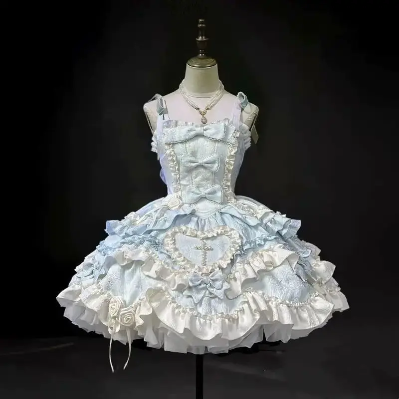 

Harajuku Japanese Sweet Lolita Jsk Dress Women Kawaii Vintage Elegant Bow Ruched Princess Strap Dress Harajuku European Clothing