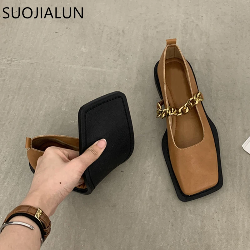 SUOJIALUN 2022 Autumn  Flat Heel Women Loafer Shoes Fahion Square Toe Slip On Shallow Ballerina Shoes Female Ballet Zapatos Muje