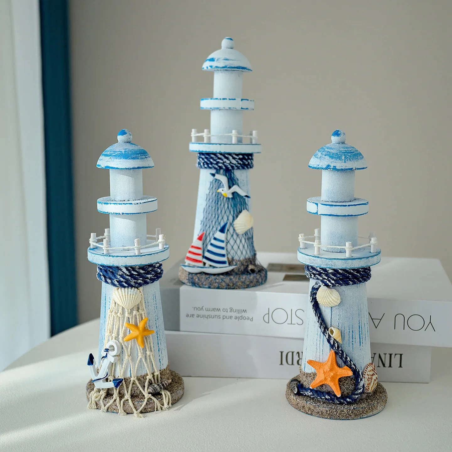 Mediterranean Style Lighthouse Ornament, Creative Wooden Home Decor, Ocean Style Desktop Decoration