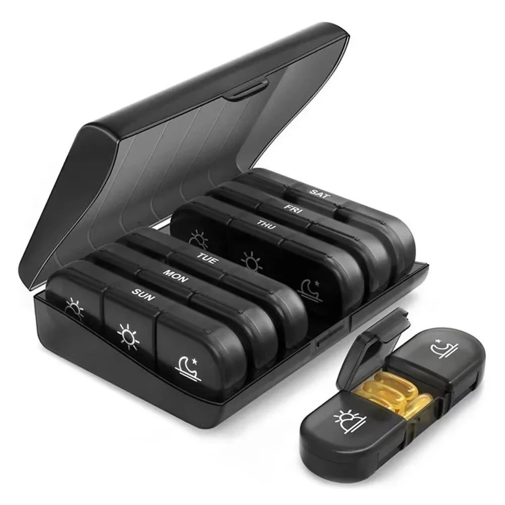

Portable Travel Pill Box Set 7 Days Organizer with 21 Grids 3 times Daily Compartments for Vitamins Medicine Fish Oils