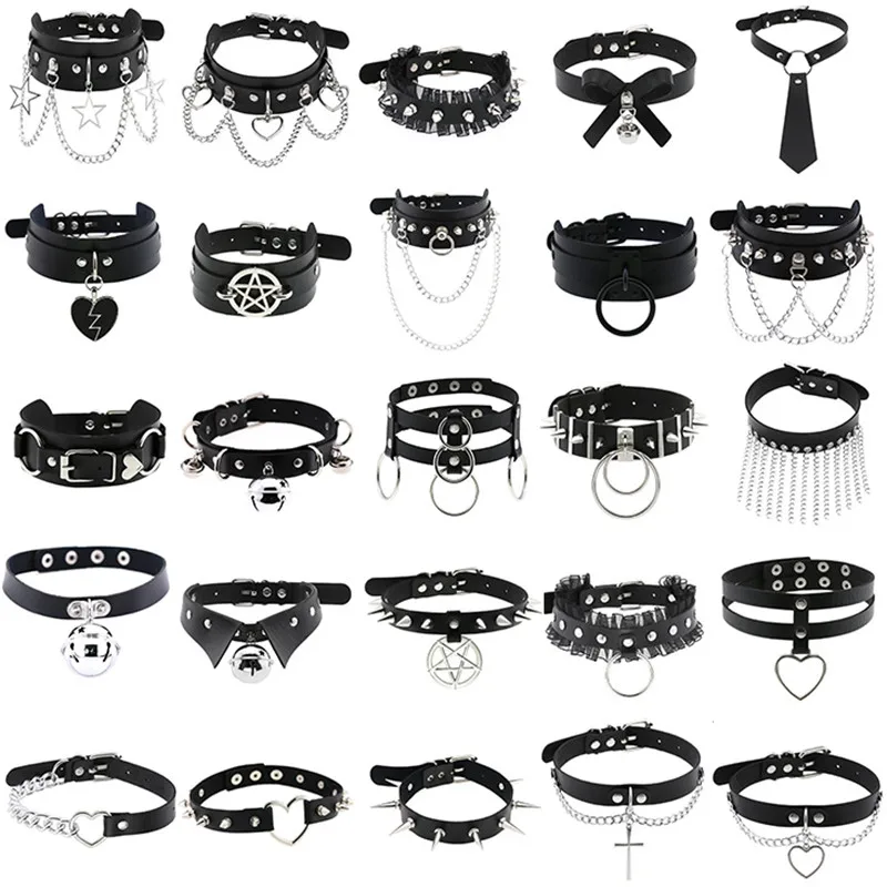 1Pc Harajuku Cosplay Rivet Star Punk Rock Gothic Women Collar Sexy PU Leather Heart Cross Spike Hip Hop Bondage Choker Biżuteria