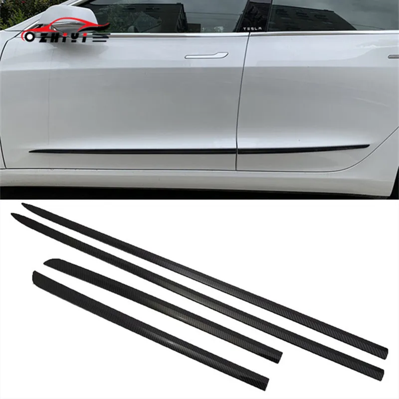 

4Pieces Carbon Fiber Car Styling for Tesla Model 3 Side Door Body Anti-scratch Decoration Protection Sticker Strip Cover Trim