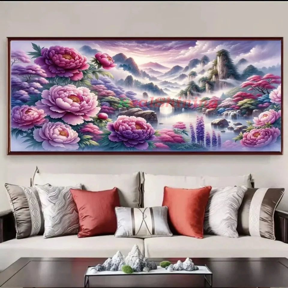 

large blooming peony flowers diy diamond painting 200x100cm Jewelry cross stitch full mountain bridge nature mosaic diamond art