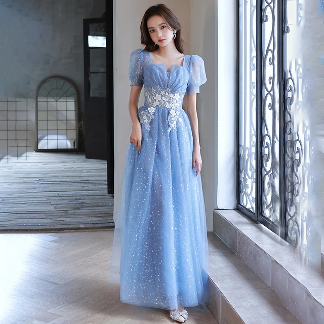 Short Sleeves Blue Moonlight Homecoming Prom Dress Customized Sparkly Star Cinched Waist Ankle Length Evening Holidays Gowns