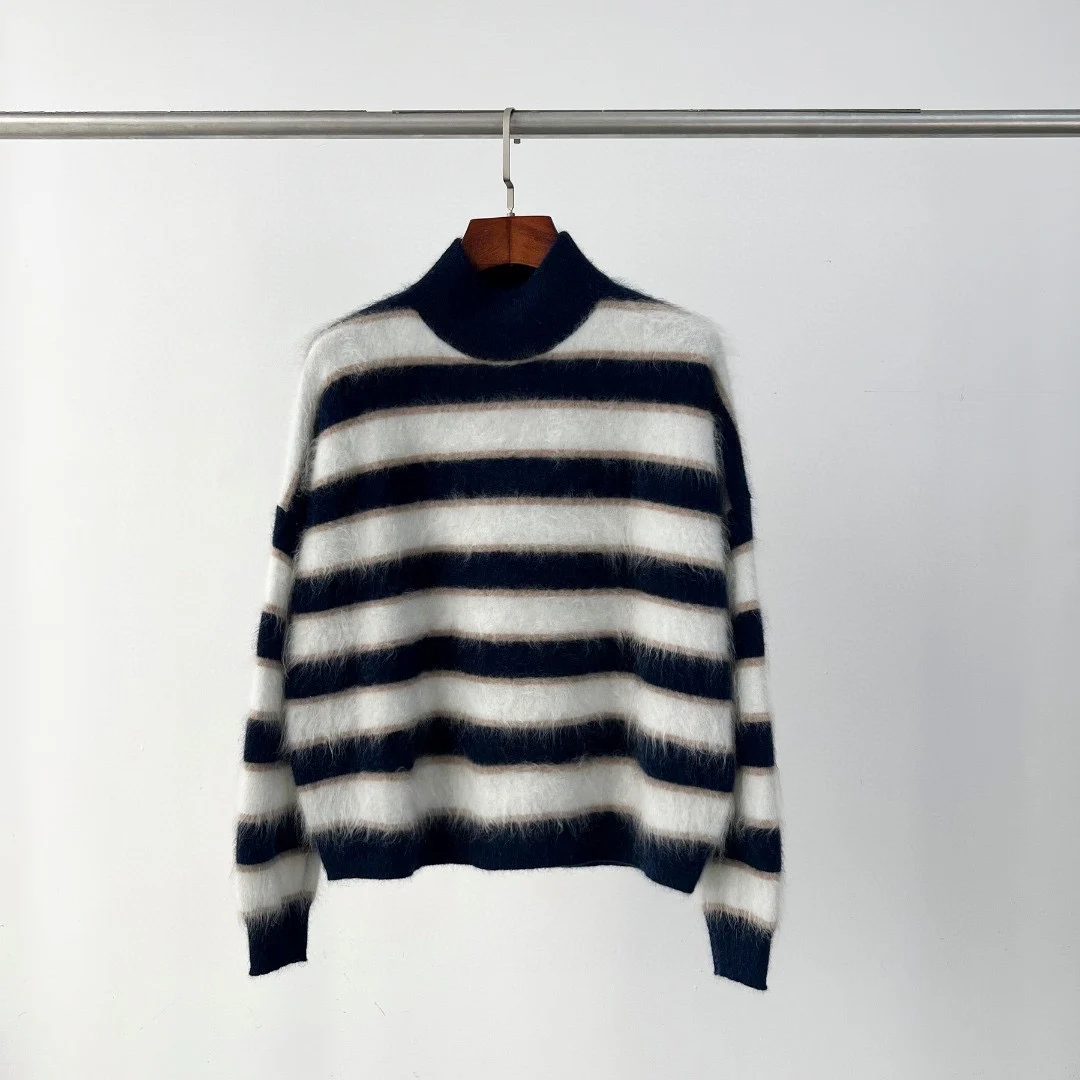 

B*C Round Neck Autumn and Winter New Striped Cashmere Sweater Warm Luxury High Quality Knit Sweater Pullover Top Female