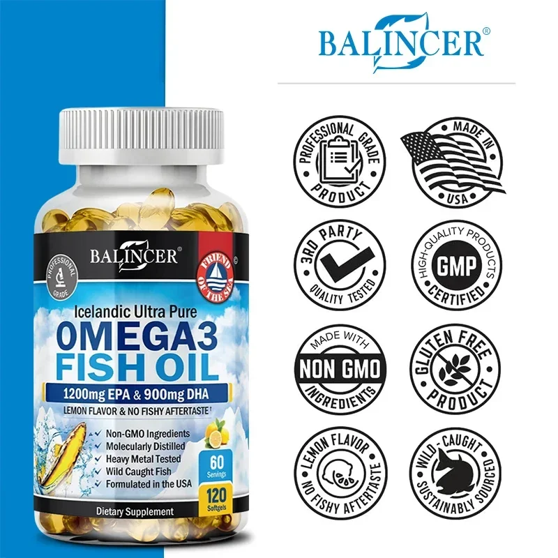 Suplemento de cápsula de aceite de pescado Omega 3, rico en DHA EPA, sistema inmunológico de ojos y piel antioxidante, sin OGM, sin gluten, cápsulas vegetarianas