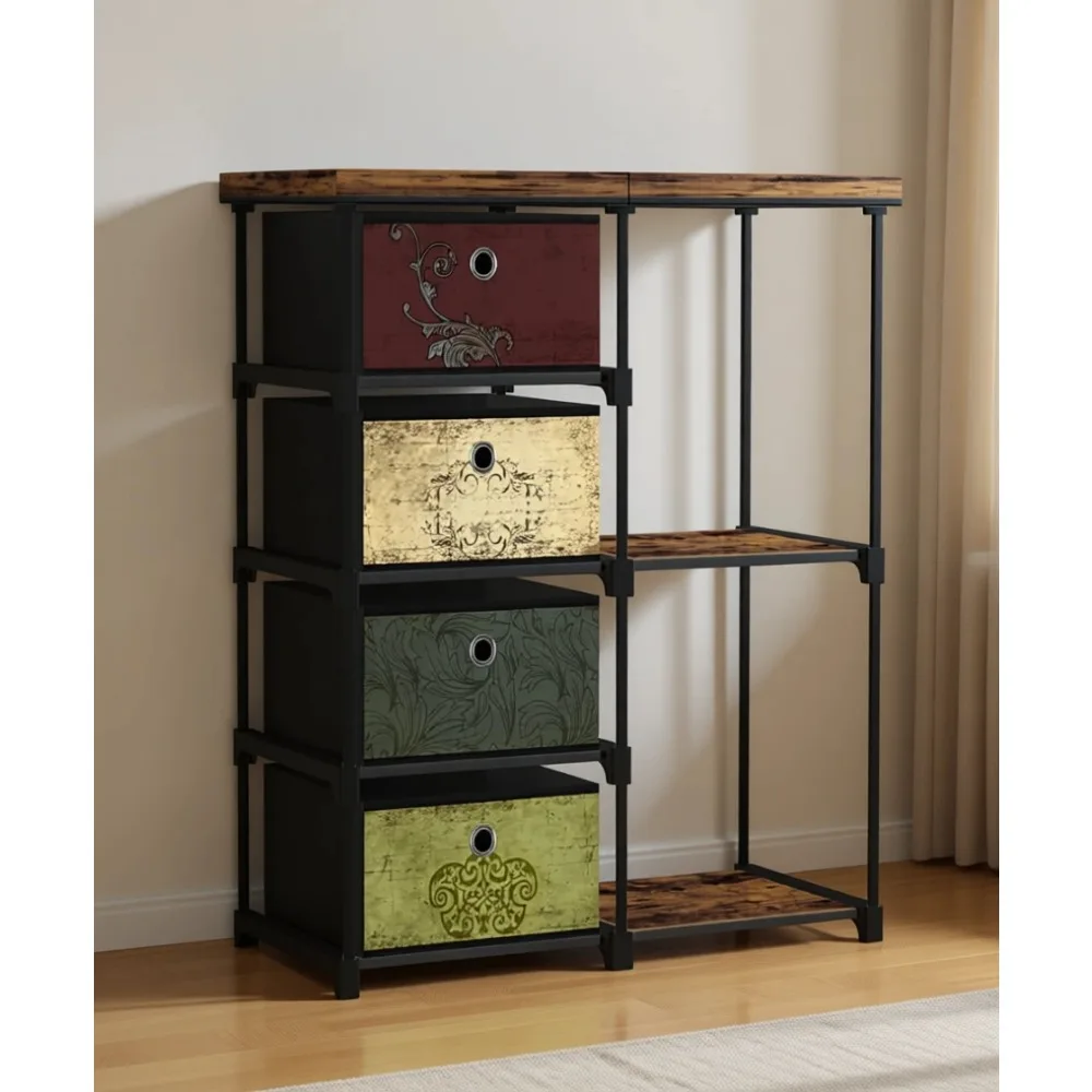 

Компактный тканевый комод-стеллаж с двумя боковыми полками и четырьмя ящиками для спальни, прихожей, у дивана