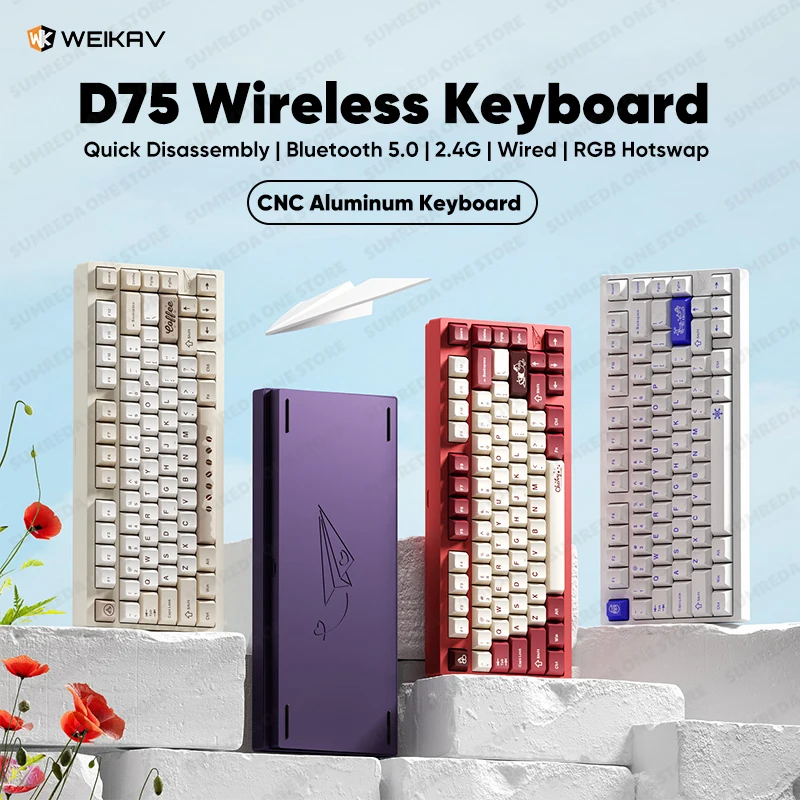 

Weikav D75 Aluminum Wireless Custom Mechanical Keyboard Gaming Bluetooth 2.4G Wired RGB Hotswap Gamer Non-contact Keyboard