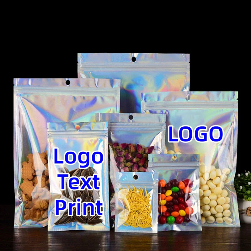 

200pcs Resealable Translucent Holographic Storage Bag Hologram Snack Eyelash Socks Cosmetics Nail X-mas Gift Packaging Pouches
