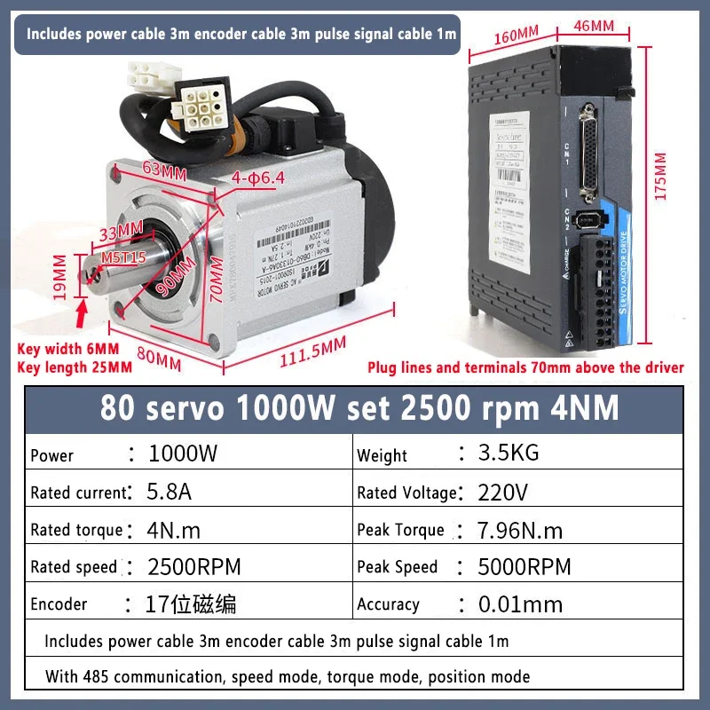 1KW 80 Drive Kit AC Servomotor 4.N.M  Drive + 17 bit magnetic encoder + 3 meter encoder cable Pulse Signal 5V/24V  with rs485