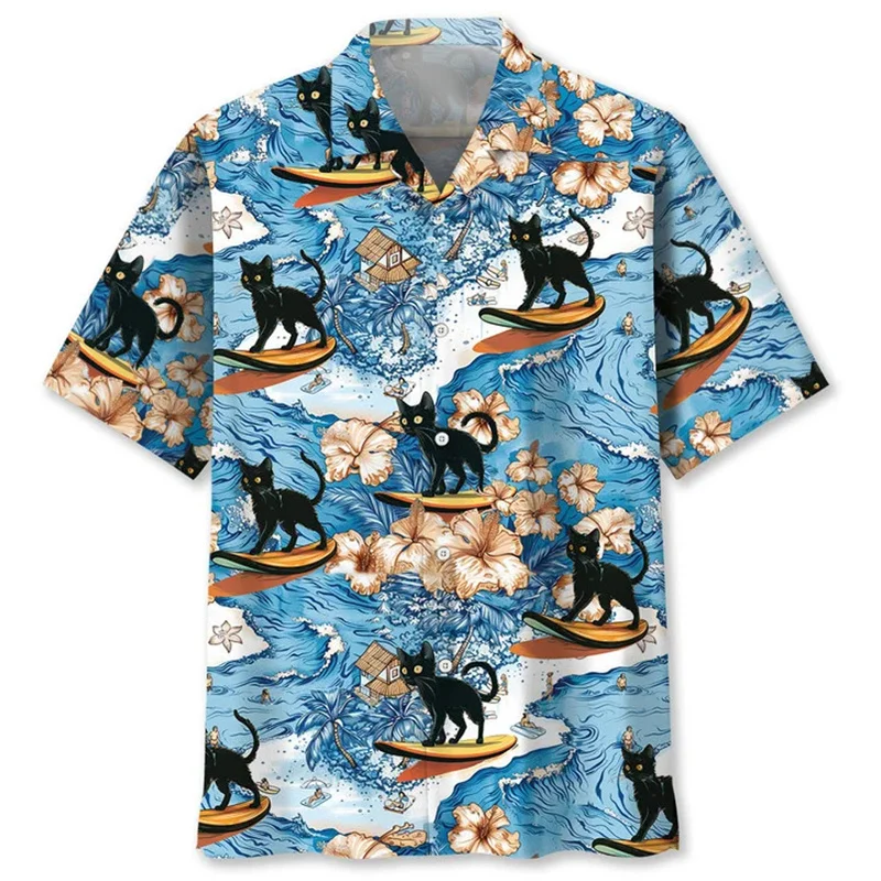 

Colorful Cat Graphic Hawaiian Shirt Men 3D Printed Animal Pets Short Sleeves Tops Cool Lapel Blouse Summer Button Shirts
