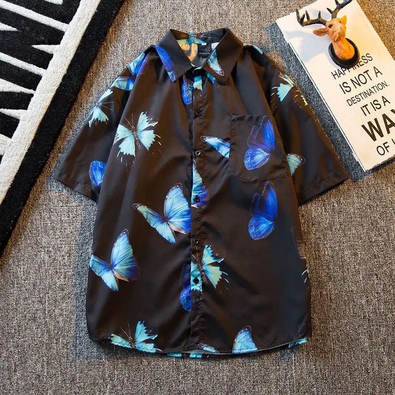 Men's new summer floral shirt men's high-end butterfly printed loose fitting shirt shirts for men