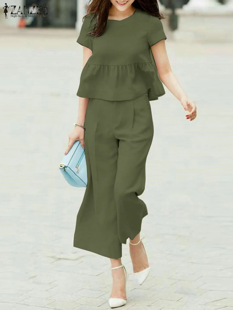 

Fashion Loose Matching Sets ZANZEA 2023 Summer Blouse Suit Women Short Sleeve Shirt & Loose Pant Sets Elegant OL Work Outfits