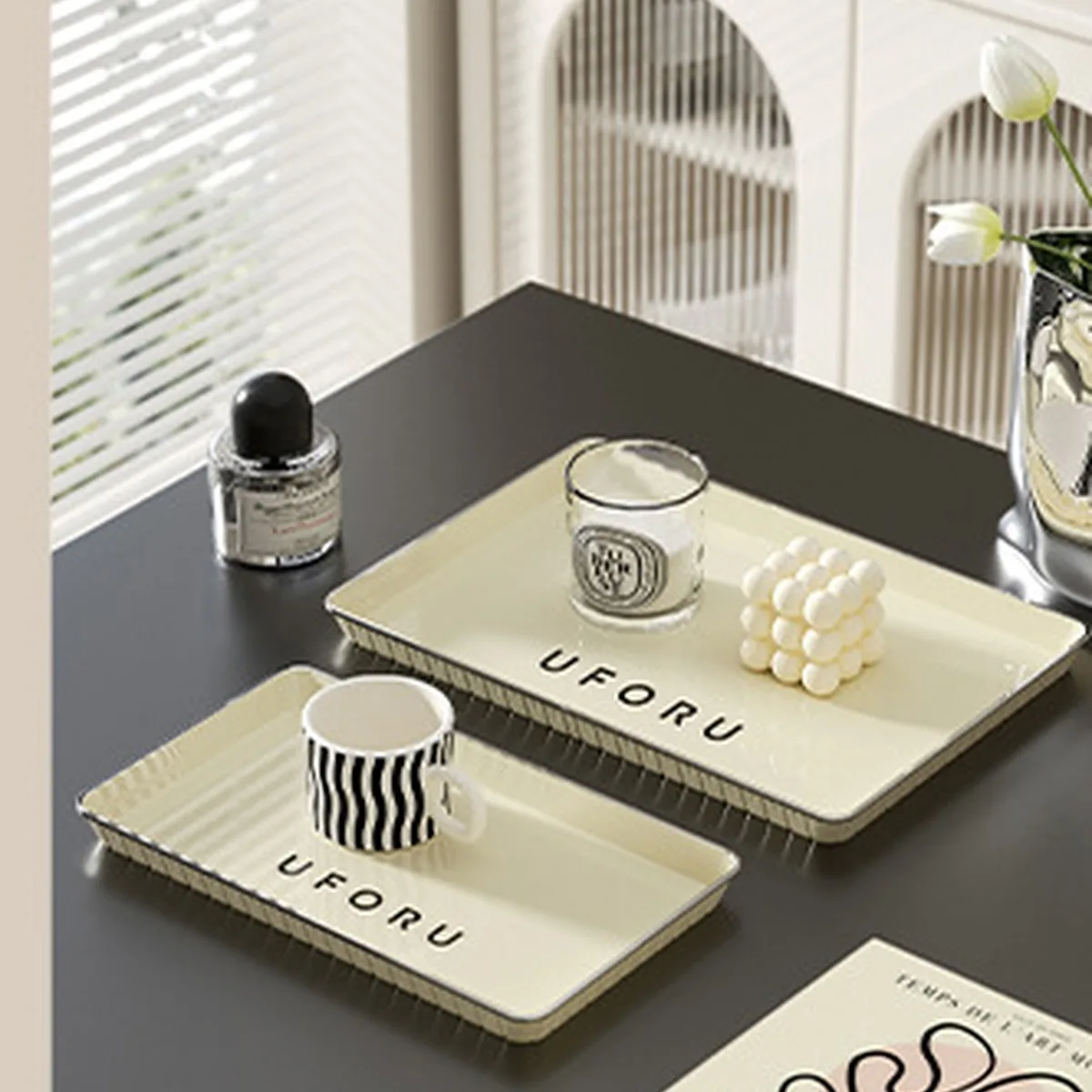 PET Serving Tray Cream Black Rectangular Fluted Rim Dessert Fruit Coffee Table Organizer