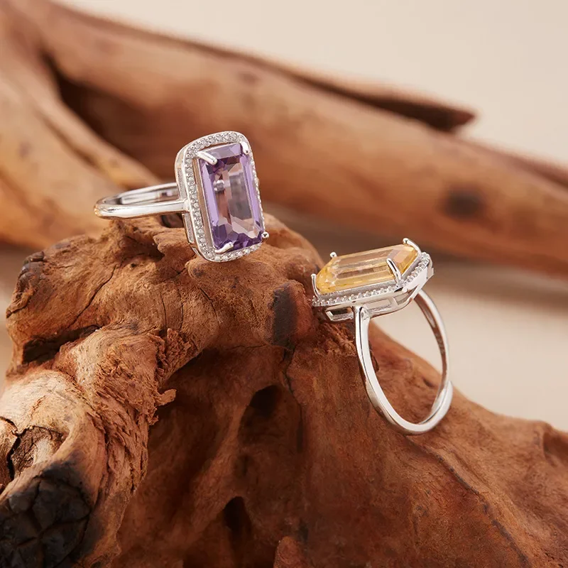 Rectangle natural citrine amethyst ring women's s925 sterling silver colored treasure ring live broadcast new jewelry