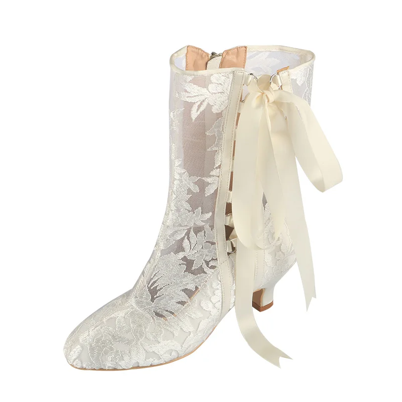 Wedopus Customized Romantic Floral Ribbon Tie High Heel Wedding Boots Beauty Flower Lace Bridal Boots 8CM/5CM