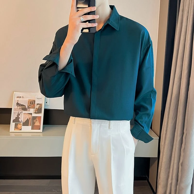 Men Casual Long Sleeve Shirt Hong Kong Retro Korean Fit Draping Dopamine Hues Loose Lightweight