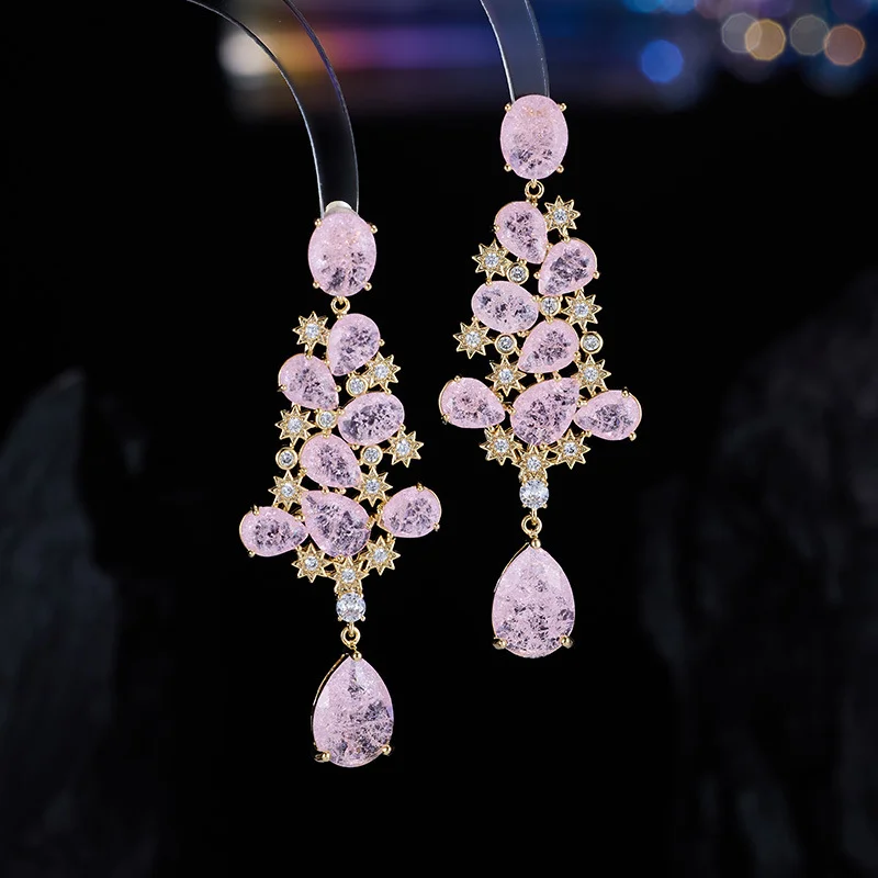 Shining Xinghe Ice Crack Water Drop Long Earrings High-end Light Luxury Elegant Bridal Dinner Dress Luxury Earrings