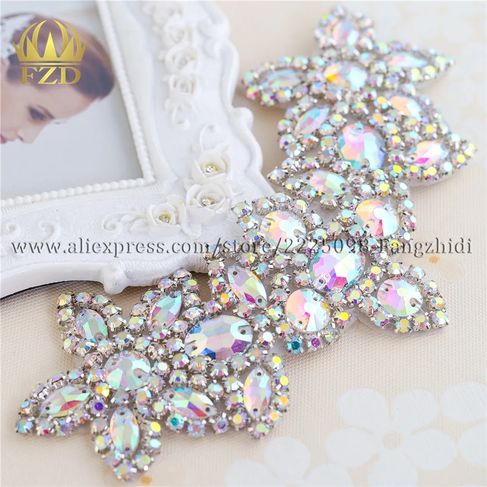 

(30pieces) Wholesale Sewing On Crystal Beaded AB Rhinestone Applique for Wedding Dress Bridal Sash Clothing Decorative Trim