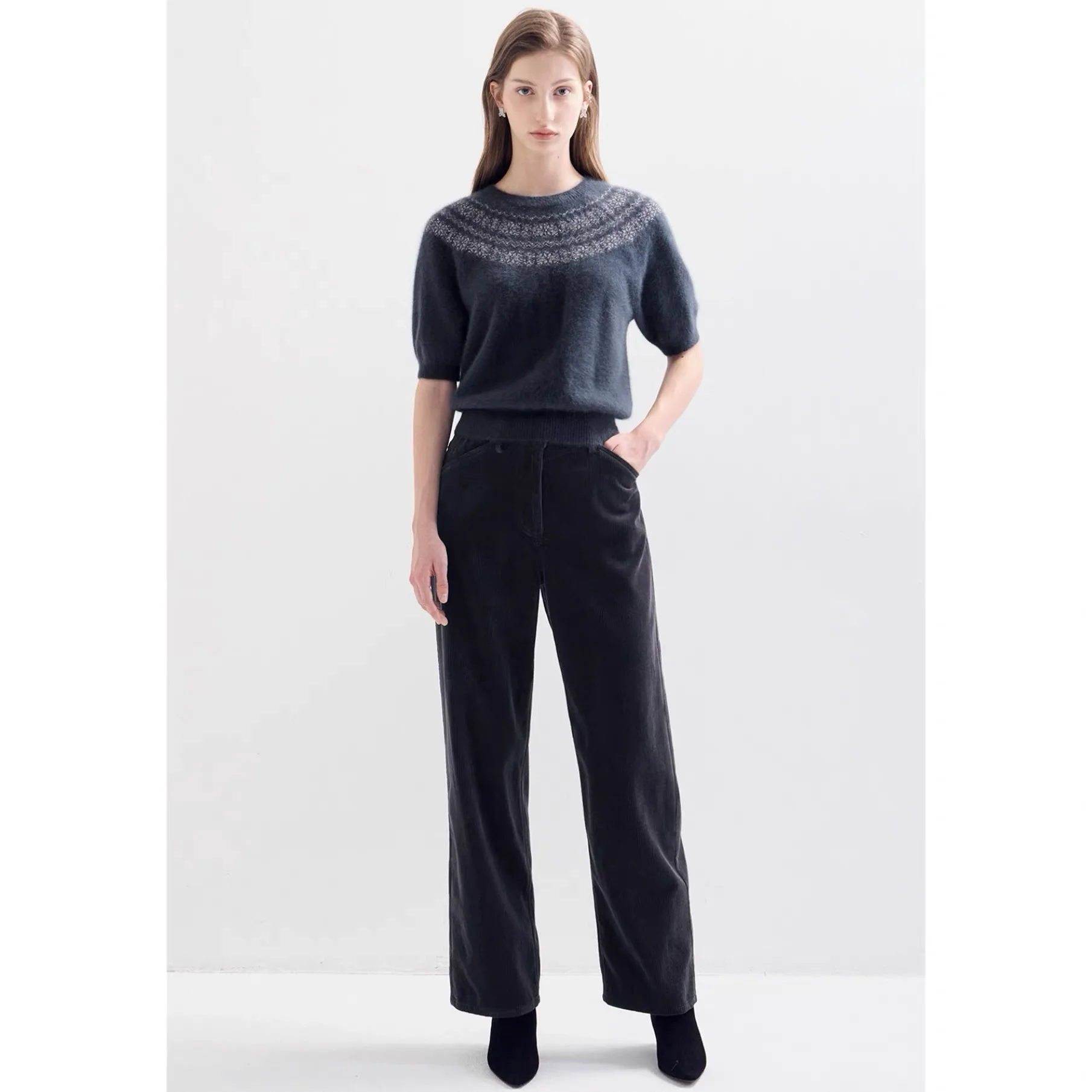 Citron fromage LAN25 hiver Faion velours côtelé polyvalent minceur mi taille haute jambe droite pantalon trajet Sle dames pantalon